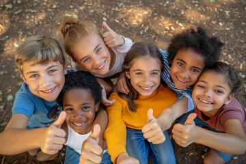Group of happy diverse young children smile and give a thumbs up sign