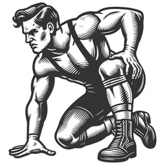strong wrestler in a kneeling power pose, muscular physique and intense focus sketch engraving generative ai fictional character vector illustration. Scratch board imitation. Black and white image.