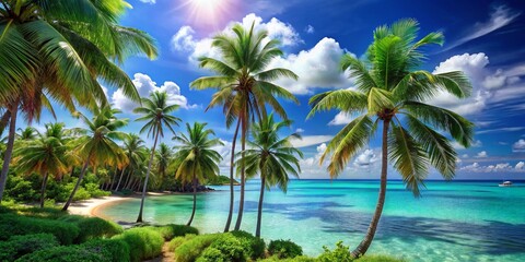 Fototapeta premium Lush Tropical Paradise with Tall Palm Trees Under Clear Blue Skies and Gentle Ocean Breeze