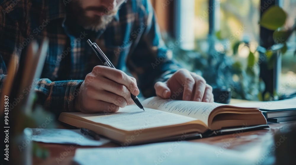 Poster person writing in a notebook with a pen