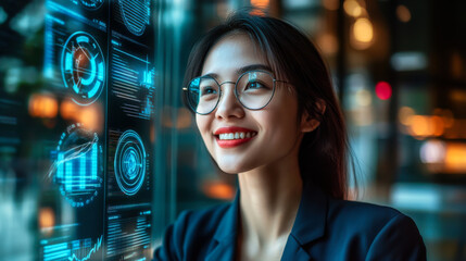 Young woman in glasses smiles while interacting with digital interface in modern workspace during evening hours