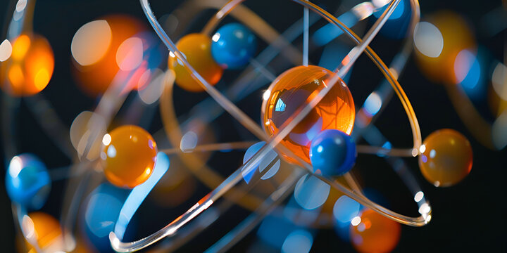 Abstract Representation of Atom Structure with Glowing Electrons, Scientific Visualization of Atomic Particles in Motion, Colorful 3d render of an atom model, a colorful atomic model - Powered by Adobe