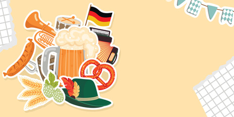 Horizontal banner with Oktoberfest elements and symbols.Cartoon background with glass of beer, pretzel, hop, sausage, barley, accordion, drum, hat, German flag.Vector designs set isolated on yellow. 