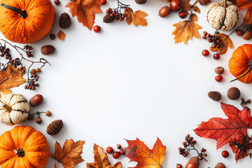 Obraz premium Autumn composition. Dried leaves, pumpkins, flowers, rowan berries on white background. Autumn, fall, halloween, thanksgiving day concept. Flat lay, top view, copy space