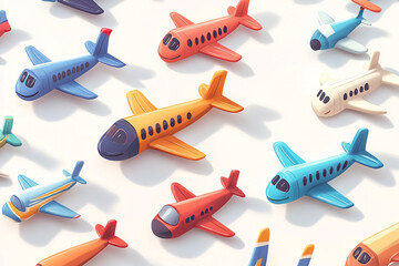 A collection of toy airplanes in various colors