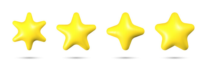 Four bright yellow stars arranged in a row with varying shapes and sizes, isolated on a white background