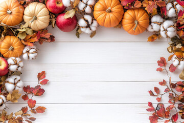 Top view of Autumn maple leaves with Pumpkin and red berries on white wooden background. Thanksgiving day concept.