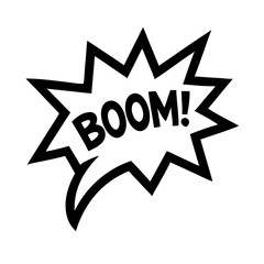 a comic-style speech bubble with a jagged, starburst shape. Inside the bubble, the word "BOOM!" is written in bold, uppercase letters. The design is simple and uses black lines on a white background.