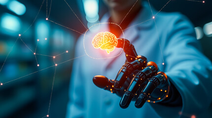 In a modern laboratory, a scientist with a robotic hand interacts with a glowing holographic brain, showcasing the intersection of technology and neuroscience in research