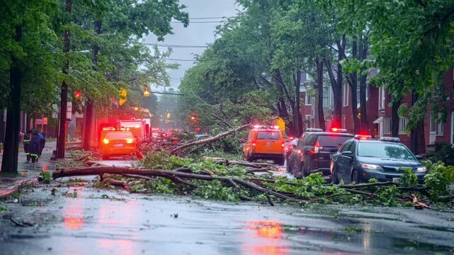 A powerful storm leaves debris scattered across the streets, leading to emergency response efforts