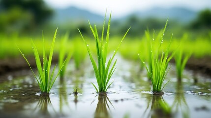 Fototapeta premium Beautiful close-up of rice plants with clear water on the ground, captured in a vibrant rice field under a realistic natural background