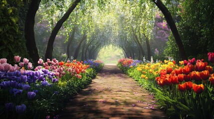 A charming pathway lined with blooming spring flowers, creating a tunnel of color and life in a tranquil setting