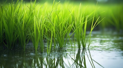 Obraz premium Close-up of green rice plants standing tall in a field with clear water covering the ground, captured in a serene, realistic setting