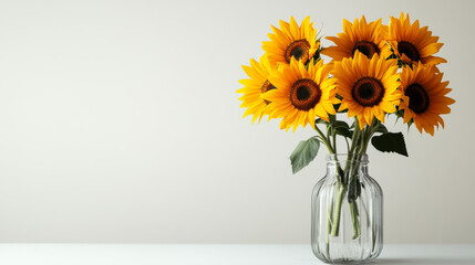 Bright sunflowers in a glass vase on a simple table against a neutral background during afternoon light