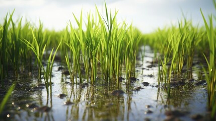 Obraz premium Close-up view of rice plants standing tall in a field, clear water covering the soil, captured in a realistic and peaceful farm setting