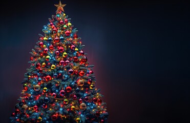 Obraz premium A beautifully decorated Christmas tree on dark blue background with copy space for text