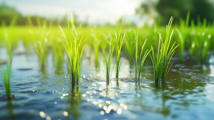 Obraz premium Stunning close-up of rice plants growing in a flooded field, with clear water on the ground, creating a peaceful and realistic scene