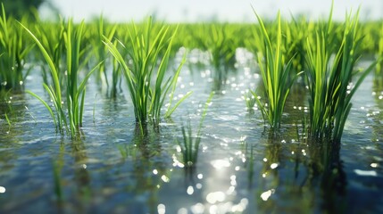Fototapeta premium Stunning close-up of rice plants growing in a flooded field, with clear water on the ground, creating a peaceful and realistic scene