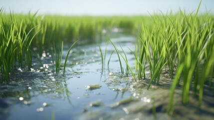 Obraz premium Stunning close-up of rice plants in a field filled with clear water, creating a serene and realistic farm landscape