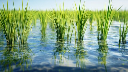 Fototapeta premium Stunning close-up of rice plants in a field filled with clear water, creating a serene and realistic farm landscape