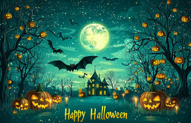 Halloween background with spooky trees, pumpkins and a full moon in the sky