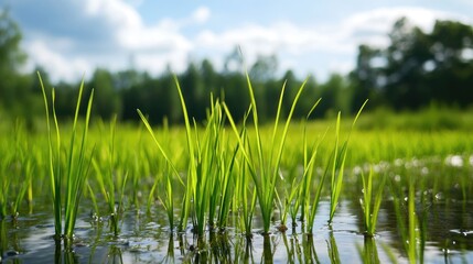 Obraz premium Vibrant close-up of rice plants in a field filled with clear water, captured in a realistic background, showcasing the beauty of nature