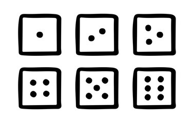 Doodle dice cube set. Game sign. Vector sketch. Gambling symbol. Decoration for apparel, greeting cards, posters, emblems, wallpapers