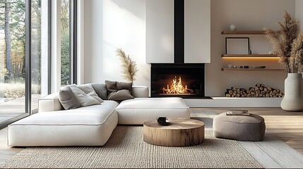  White corner sofa near fireplace. Scandinavian home interior design of modern living room. 