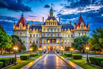 Naklejka premium Majestic Albany Capitol Building with Classic Architecture Surrounded by Lush Greenery and Blue Sky