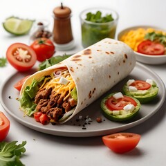 Delicious Classic Burrito with Fresh Ingredients assortment Served with some salad, Tasty delicious burrito wrap roll with meat, pepper, avocado, rice, beans