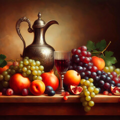 Opulent still life with ornate wine pitcher and bountiful fruit arrangement in warm tones