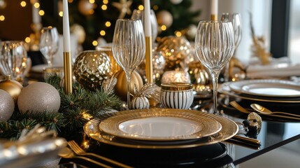 A beautifully set dining table for Christmas dinner, featuring elegant plates, silverware, and crystal glasses. The centerpiece includes candles, evergreen branches, and pinecones