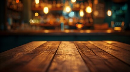 Empty wooden table with christmas theme in background, Warm Glow: A Cozy Evening at a Wooden Table