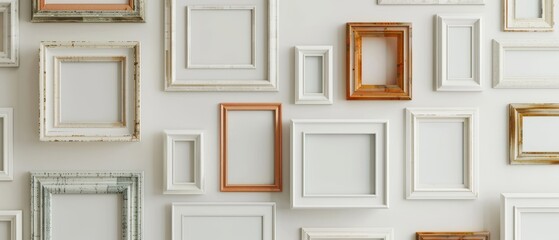 A wall full of frames with a variety of colors and sizes