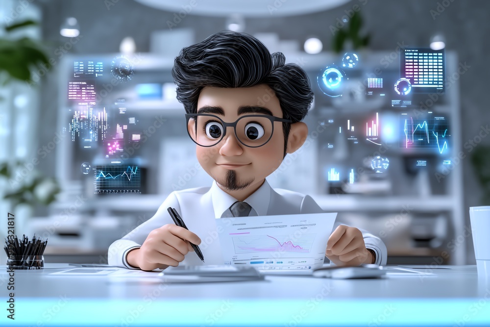 Poster a 3d-animated scene of a ceo reviewing financial reports, with digital graphs and interactive data p