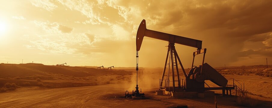 Close-up of an oil derrick pumping crude oil against a dramatic sunset sky in a desert landscape setting
