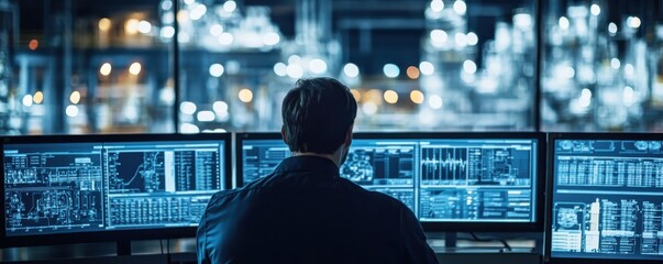 Close-up of an oil refinery control room with a focused operator monitoring multiple digital screens showing complex data and schematics