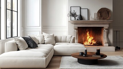  White corner sofa near fireplace. Scandinavian home interior design of modern living room. 
