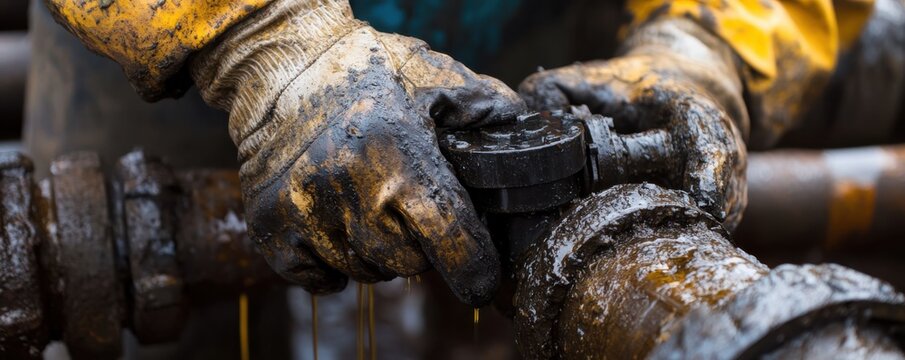 Close-up of oil worker's hands operating equipment, showcasing grit and determination in the oil industry