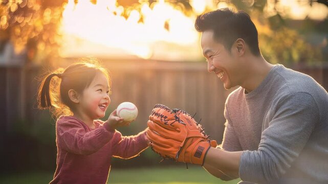 A joyful moment shared between a father and daughter playing catch in their backyard