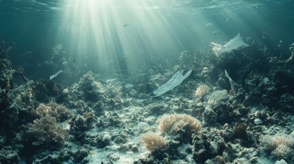 Fototapeta premium Underwater view of a coral reef with sunlight filtering through the water highlighting bleached and dying corals in a beautiful but fragile marine ecosystem