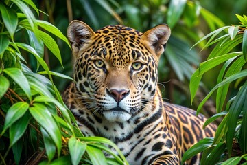Obraz premium Close-up portrait of jaguar peering from foliage