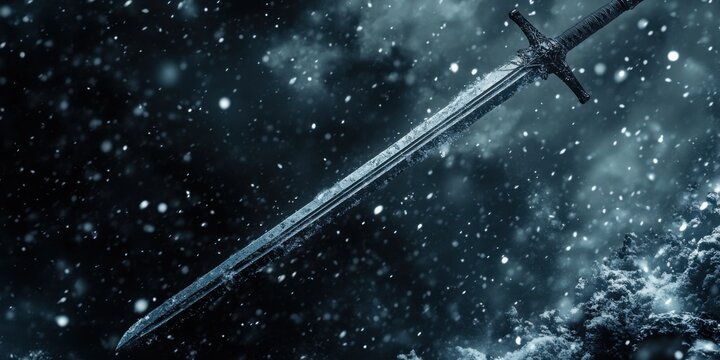 A long sword with a silver blade, the background is a dark sky with snow falling.