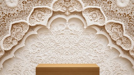 Intricate Andalusian lace pattern in soft white tones with a wooden texture accent, highlighting the rich cultural heritage and exquisite craftsmanship.