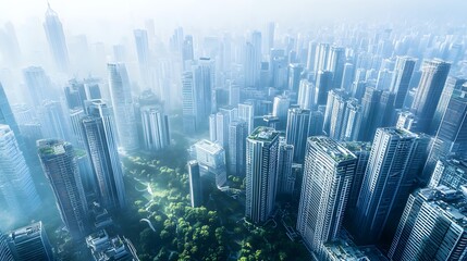 An aerial view of a contemporary city skyline showcasing innovative building designs and green spaces, with a light solid color backdrop