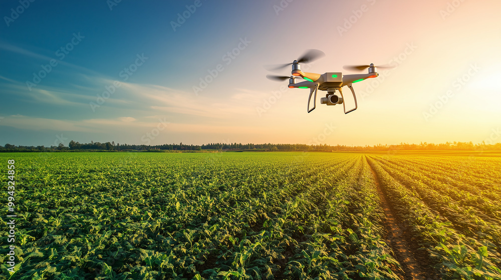 Wall mural A drone is flying over a green field, observing crop health