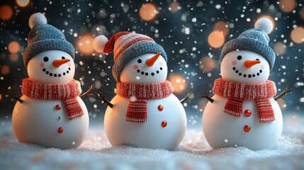 Cheerful trio of snowmen with scarves and hats in snowy winter wonderland