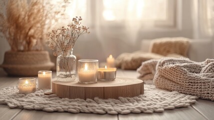 Cozy Danish hygge-inspired interior with candles and knitted textiles on wooden table