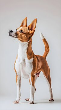 A Portuguese Podengo dog standing proudly with its tail up, surrounded by a light solid color backdrop that emphasizes its athletic build