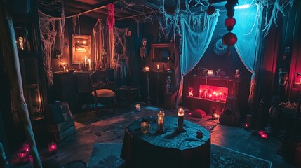 A chilling interior of a haunted house, featuring creepy props, dim lighting, and unsettling decorations